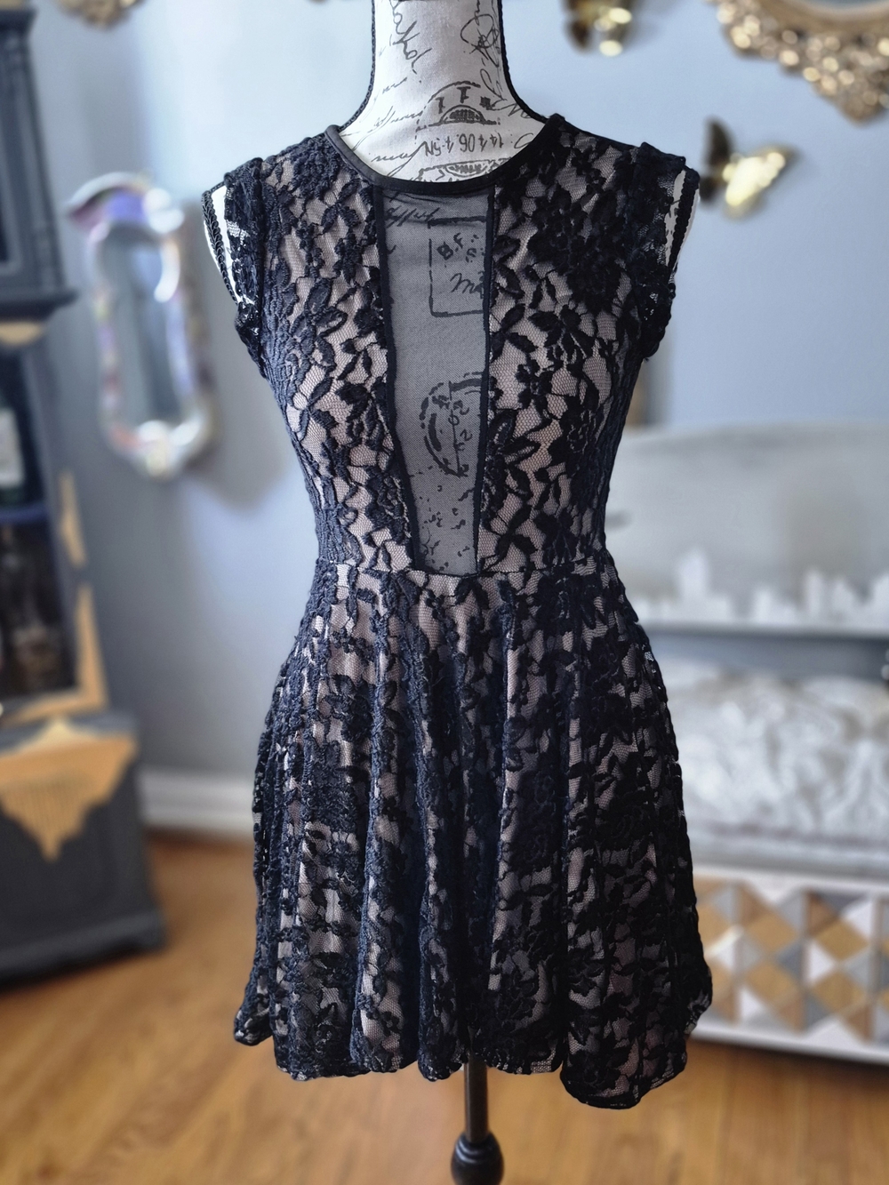 Whimsigoth Black Lace A-Line Dress with Sheer Illusion Panel Small